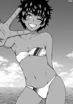 1girl armpits artist_name beach bikini black_hair blush breasts cloud cloudy_sky collarbone cowboy_shot dark-skinned_female dark_skin female_focus greyscale grin highres looking_at_viewer monochrome navel ocean one_eye_closed shiny_skin short_hair signature sky small_breasts smile solo standing strapless strapless_bikini swimsuit tan teeth thighs tokai tomboy v victory_pose wink