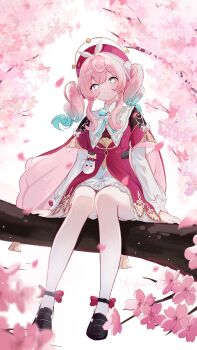 Rule 34 | 1girl, absurdres, aqua eyes, aqua hair, beret, black shoes, closed mouth, commentary request, dress, drill hair, full body, hair between eyes, hat, highres, honkai: star rail, honkai (series), hyacine (honkai: star rail), long hair, long sleeves, looking at viewer, multicolored hair, neet (jdud2284), pantyhose, pink hair, puffy long sleeves, puffy sleeves, red dress, red hat, shoes, sitting, smile, solo, twin drills, two-tone hair, white pantyhose, white sleeves, yellow pupils