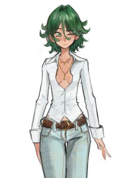 1girl absurdres alternate_costume belt breasts brown_belt center_opening cleavage collared_shirt curly_hair denim dress_shirt green_eyes green_hair highres jeans jewelry looking_to_the_side medium_hair multiple_necklaces narrow_waist necklace one-punch_man one_eye_closed open_clothes open_shirt pants partially_unbuttoned shirt simple_background skinny skinny_jeans small_breasts solo standing tatsumaki tefi_blum white_background white_shirt