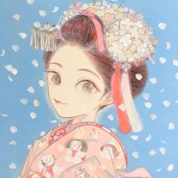 Rule 34 | 1girl, bow shimada, brown eyes, brown hair, commentary request, datehyogo, fine art parody, geisha, hair ornament, highres, japanese clothes, kanzashi, kimono, looking at viewer, makeup, makita haruka, marumage, nihonga, nihongami, obi, original, parody, sash, susohiki, tama kanzashi, ukiyo-e