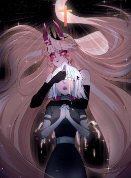 2girls angel angel_and_devil angel_wings black_nails bleeding blonde_hair blood bloody_tears broken_wing charlie_morningstar circle_facial_mark colored_sclera colored_skin covering_another's_eyes cross demon_horns fingernails gold_blood grey_hair grey_skin hazbin_hotel hellaverse highres horns hug hug_from_behind i1i1i1i1i1 light_rays long_hair multiple_girls open_mouth own_hands_together praying red_sclera sharp_fingernails short_hair slit_pupils teeth tiara upper_teeth_only vaggie very_long_hair white_skin wings