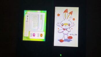 1other animal_feet animal_hands animal_nose animated art_program_in_frame artist_name bandaid bandaid_on_face bandaid_on_nose blush blush_stickers body_fur closed_mouth colors!_3d colors!_3d_(medium) dark english_text full_body furry gen_8_pokemon hand_up handheld_game_console happy j.jama leg_up looking_at_viewer making-of nintendo nintendo_3ds other_focus pokemon pokemon_(creature) rabbit_ears red_eyes red_fur scorbunny signature smile solo sound standing standing_on_one_leg star_(symbol) twitter_username two-tone_fur video white_fur