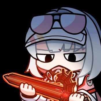 1girl acomu414 animated animated_gif black-framed_eyewear black_survival blinking chibi eternal_return:_black_survival eyewear_on_head glowing glowing_weapon grey_hair holding holding_sword holding_weapon long_sleeves looking_down marlene_(black_survival) multicolored_hair pink-tinted_eyewear pink_hair puffy_long_sleeves puffy_sleeves simple_background solo sunglasses sword tinted_eyewear transparent_background two-tone_hair upper_body visor_cap weapon