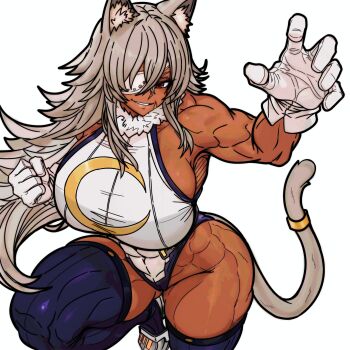 1girl abs animal_ear_fluff animal_ears boku_no_hero_academia breasts cat_ears cat_girl cat_tail commentary cosplay dark-skinned_female dark_skin english_commentary eyepatch ghislaine_dedoldia gloves grey_hair grin highres large_breasts leotard long_hair looking_at_viewer master_dcj mirko mirko_(cosplay) muscular muscular_female mushoku_tensei red_eyes scar scar_on_face smile solo standing standing_on_one_leg tail tail_ornament tail_ring white_gloves white_leotard