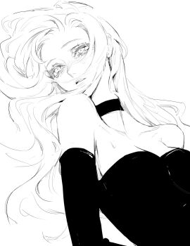 1girl breasts choker collarbone detached_sleeves dress greyscale highres long_hair looking_ahead monochrome original parted_lips simple_background sketch sleeveless sleeveless_dress small_breasts solo strapless strapless_dress tearing_up teeniika upper_body wavy_hair white_background