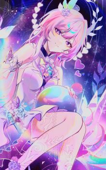 1girl absurdres bare_shoulders breasts commentary_request cyrene_(honkai:_star_rail) cyrene_(ripples_of_past_reverie)_(honkai:_star_rail) diamond-shaped_pupils diamond_(shape) dress halo highres honkai:_star_rail honkai_(series) large_breasts long_hair multicolored_hair pink_hair pointy_ears purple_eyes sky smile solo star_(sky) starry_sky symbol-shaped_pupils two-tone_hair very_long_hair white_background white_dress white_hair x8n2h