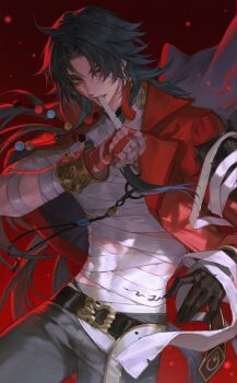 Rule 34 | 1boy, absurdres, arm up, bandage in mouth, bandaged chest, bandages, belt, belt buckle, black belt, black gloves, black hair, blade (elation) (honkai: star rail), blade (honkai: star rail), bracelet, buckle, dutch angle, gloves, grey pants, hashtag-only commentary, highres, honkai: star rail, honkai (series), jacket, jewelry, lapels, long hair, looking to the side, male focus, notched lapels, open clothes, open jacket, pants, parted hair, red eyes, red jacket, shikal, sideways glance, single glove, solo, very long hair