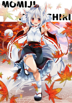 1girl animal_ear_fluff animal_ears autumn_leaves black_sandals black_skirt brick_floor character_name commentary day detached_sleeves double_fox_shadow_puppet fox_shadow_puppet frilled_skirt frills full_body hat highres hikanyan inubashiri_momiji leaf leg_up looking_at_viewer medium_skirt open_mouth outdoors outline pom_pom_(clothes) red_eyes red_hat red_sash ribbon-trimmed_sleeves ribbon_trim sandals sash shirt short_hair skirt sleeveless sleeveless_shirt socks solo standing standing_on_one_leg tabi tail text_background tokin_hat touhou turtleneck turtleneck_shirt white_hair white_outline white_shirt white_sleeves white_socks wind wolf_ears wolf_girl wolf_tail