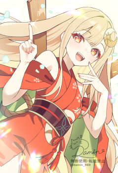 Rule 34 | 1girl, :d, animal ears, bare shoulders, blonde hair, cho kaguya-hime!, commentary request, cowboy shot, crescent, crescent hair ornament, damin nero, dutch angle, eyeshadow, floppy ears, hair ornament, hands up, highres, index finger raised, japanese clothes, kaguya (cho kaguya-hime!), kimono, long hair, looking at viewer, lop rabbit ears, makeup, nail polish, obi, open mouth, orange kimono, rabbit ears, red eyeshadow, red ribbon, ribbon, sash, signature, smile, solo, sparkle, tassel, white background, yellow eyes