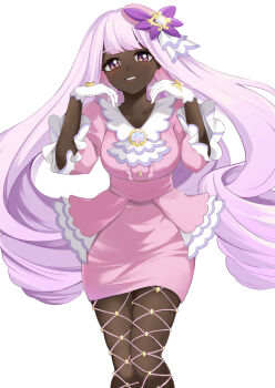 1girl blush breasts dark-skinned_female dark_skin fishnet_pantyhose fishnets gloves grin hat hat_ornament highres jacinthe_(pokemon) jacket konka long_hair long_sleeves looking_at_viewer medium_breasts nintendo pantyhose pencil_skirt pink_hat pink_jacket pink_skirt pokemon pokemon_legends:_z-a purple_eyes purple_hair skirt smile solo swept_bangs thighs white_gloves