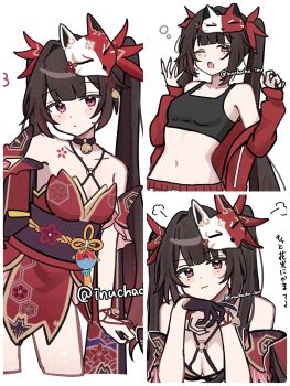 1girl alternate_costume bell black_gloves black_hair breasts choker commentary detached_sleeves dress fox_mask gloves highres honkai:_star_rail honkai_(series) inuchacha_inu jacket japanese_clothes long_hair mask medium_breasts navel off_shoulder open_clothes open_jacket red_dress sash sparkle_(honkai:_star_rail) tank_top twintails very_long_hair