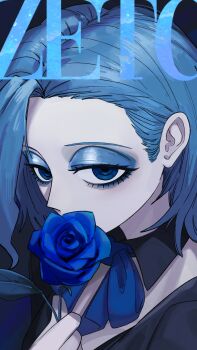 1girl absurdres artist_name blue_eyes blue_eyeshadow blue_flower blue_hair blue_ribbon blue_rose blue_theme close-up detached_collar eyelashes eyeshadow flower highres holding holding_flower looking_at_viewer makeup medium_hair pale_skin portrait ribbon rose simple_background solo zetc_g