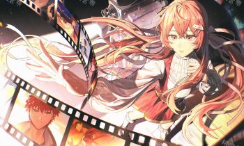 1boy 1girl artist_self-insert black_background black_jacket black_theme blush bow breasts camcorder camera command_spell commissioner_insert couple cross cross_print dark dark_background dating emiya_shirou fate/stay_night fate_(series) field_of_blades formal_clothes glowing glowing_eyes grey_suit hair_ornament halo headpiece heaven's_feel highres horror_(theme) jacket kanshou_&amp;_bakuya_(fate) long_hair long_sleeves looking_at_another magic_circuit memories momomiya_shizuku_(gaoyue_jixiang) movie_theater oc_x_canon open_clothes open_jacket open_mouth orange_hair original pastels photo_(object) pink_eyes pink_hair pink_halo print_ribbon raglan_sleeves recording red_hair ribbon scenery seasons shirt skirt smile solo suit theater ticket twintails unlimited_blade_works_(reality_marble) video_camera white_jacket