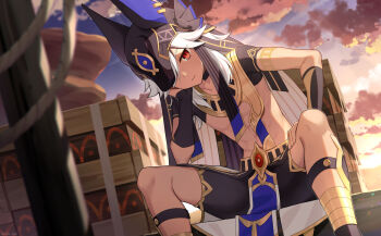 1boy abs ancient_egyptian ancient_egyptian_clothes animal_ears animal_hat belt black_choker black_gloves black_hat black_ribbon black_shorts blurry blurry_foreground choker closed_mouth cloud cloudy_sky commentary_request crop_top cyno_(genshin_impact) dark-skinned_male dark_skin desert fake_animal_ears feet_out_of_frame fingerless_gloves genshin_impact gloves gold_trim gradient_sky hair_over_one_eye hand_up hat head_rest iroiro_0w0 jackal_ears long_hair looking_at_viewer male_focus one_eye_covered outdoors parted_bangs pelvic_curtain red_eyes ribbon short_sleeves shorts sitting sky smile solo sun sunset swept_bangs usekh_collar white_hair wooden_box