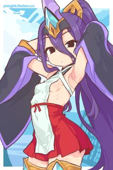 1girl armpits arms_up blazblue blazblue:_central_fiction border breasts brown_eyes detached_sleeves doll_joints hades_izanami hair_ornament japanese_clothes joints long_hair miko navel no_bra pongldr ponytail purple_hair ribs robe self-upload sideboob simple_background skirt small_breasts solo_focus thighhighs thighs white_border