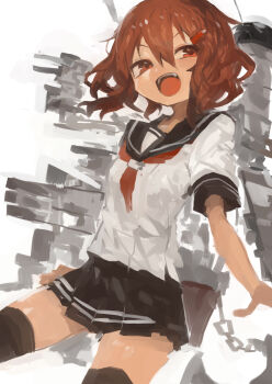 1girl :d absurdres anchor_symbol black_sailor_collar black_skirt black_thighhighs breasts brown_eyes brown_hair hair_between_eyes hair_ornament hairclip highres ikazuchi_(kancolle) kaamin_(mariarose753) kantai_collection neckerchief open_mouth pleated_skirt red_neckerchief sailor_collar school_uniform serafuku short_hair skirt small_breasts smile teeth thighhighs upper_teeth_only zettai_ryouiki