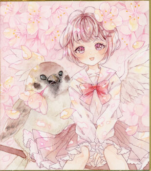 1girl amu_(m_aa) antenna_hair between_legs bird bow bowtie brown_hair brown_skirt cherry_blossoms commentary_request eurasian_tree_sparrow flower hair_ornament hand_between_legs highres long_sleeves looking_at_viewer open_mouth original painting_(medium) petticoat pink_flower pink_theme red_bow red_bowtie sailor_collar sailor_shirt school_uniform serafuku shikishi shirt short_hair sitting skirt smile solo sparrow traditional_media watercolor_(medium) white_shirt x_hair_ornament