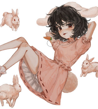 1girl :p animal_ears arms_behind_head b_nosk101 bare_legs black_hair bloomers blush carrot_necklace commentary_request feet_out_of_frame highres inaba_tewi jewelry looking_at_viewer lop_rabbit_ears necklace pink_shirt pink_skirt rabbit_ears rabbit_girl rabbit_tail red_eyes shirt short_hair simple_background skirt solo tail tongue tongue_out touhou underwear white_background white_bloomers white_rabbit_(animal)