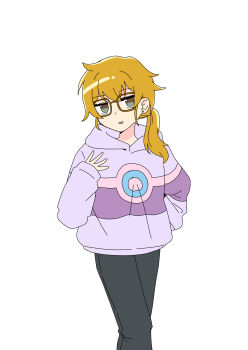 Rule 34 | 1girl, absurdres, bags under eyes, black pants, brown-framed eyewear, brown hair, chan mama, commentary request, cosplay, cowboy shot, earrings, flat color, glasses, grey hoodie, harumi (pokemon), harumi (pokemon) (cosplay), highres, hood, hood down, hoodie, jewelry, long hair, long sleeves, nao (70 pocky), nintendo, open mouth, pants, pokemon, pokemon kids tv, ponytail, simple background, smile, solo, white background