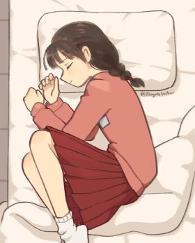 1girl black_hair braid closed_eyes fetal_position highres long_hair long_sleeves lying madotsuki nagatovolkov on_side original pillow pleated_skirt red_skirt skirt sleeping socks solo twin_braids twitter_username