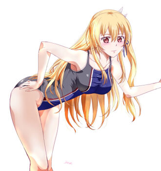 Rule 34 | 1girl, alisa reinford, artist name, bend, blonde hair, blush, competition swimsuit, double-parted bangs, eiyuu densetsu, embarrassed, feather hair ornament, feathers, hair between eyes, hair ornament, hand on own hip, highleg, highleg one-piece swimsuit, long hair, looking at viewer, one-piece swimsuit, red eyes, sen no kiseki, sen no kiseki (series), sen no kiseki iii, simple background, solo, swimsuit, two-tone one-piece swimsuit, white background, xiacheng tatsuya