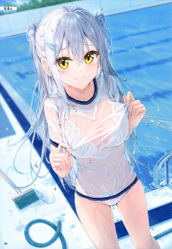 1girl absurdres artist_name bra bra_visible_through_clothes breasts broom cleavage closed_mouth collarbone cowboy_shot dengeki_moeoh gym_shirt hair_between_eyes hair_ornament hairclip highres hose large_breasts light_blush long_hair looking_at_viewer magazine_scan na_kyo no_pants original outdoors page_number panties pool poolside raised_inner_eyebrows scan see-through_cleavage see-through_clothes see-through_panties see-through_shirt shiny_skin shirt short_sleeves sidelocks smile solo sparkle standing third-party_source two_side_up underwear water water_drop wet wet_clothes wet_hair wet_panties wet_shirt white_bra white_hair white_panties white_shirt yellow_eyes