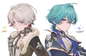 Rule 34 | 2boys, black gloves, blue eyes, blue hair, chinese commentary, closed mouth, commentary request, crossed arms, earrings, fridaynightcat, genshin impact, gloves, grey hair, hair between eyes, highres, illuga (genshin impact), jacket, jewelry, lohen (genshin impact), long sleeves, looking at viewer, male focus, mole, mole under eye, multicolored hair, multiple boys, red hair, scar, scar on neck, simple background, single earring, turtleneck, upper body, white background