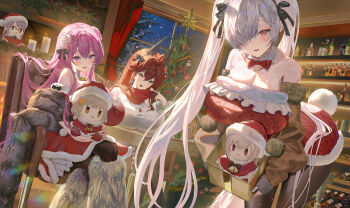 3girls a999212 absurdres alcohol animal_ears anis_(nikke) bare_shoulders bilingual_commentary black_pantyhose bottle breasts candle chair christmas christmas_tree cinderella_(nikke) cleavage commentary crossed_legs dorothy_(nikke) dress english_commentary fake_animal_ears goddess_of_victory:_nikke highres horns huge_breasts large_breasts long_hair looking_at_viewer mechanical_horns mixed-language_commentary multiple_girls neon_(nikke) on_chair orange_eyes pantyhose pink_hair purple_eyes rapi_(nikke) red_eyes red_hair red_hood_(nikke) santa_costume santa_dress sitting twintails very_long_hair white_hair wine_bottle