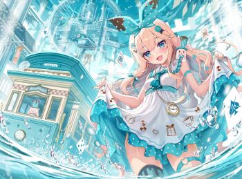 1girl akabane_(zebrasmise) building card castle clothes_lift dress dress_lift mononobe_alice nijisanji partially_submerged thigh_strap train virtual_youtuber wading water