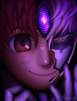 Rule 34 | 1boy, alice2045115, broken mask, brown eyes, brown hair, colored eyelashes, commentary request, cracked kawaii mask, cracked mask, cracked skin, dandadan, derivative work, dual persona, enjoji jin, evil eye (dandadan), grey hair, hair between eyes, half-closed eyes, hand on own face, highres, male focus, mask, parted bangs, sign, smile, solo, third eye, yellow eyes