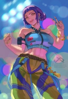 Rule 34 | 1girl, artist name, bare shoulders, breasts, brown eyes, commentary, earrings, english commentary, glint, grin, highres, jewelry, kpop demon hunters, large breasts, looking at viewer, multicolored pants, pants, purple hair, ring, short hair, smile, solo, watermark, web address, xredmhar, yellow pants, zoey (kpop demon hunters)