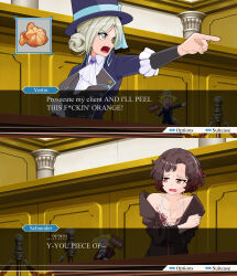 Rule 34 | 2girls, ace attorney, artist name, ascot, black coat, black hair, black vest, blue bow, boater hat, bow, character name, coat, collared shirt, courtroom, dialogue box, doll, dress, english text, fake screenshot, feather dress, feather hair ornament, feathers, food, fruit, furrowed brow, grey eyes, grey hair, hair bun, hair ornament, hairband, hand on own arm, hat, hat bow, highres, jenova (crimsonedge), long sleeves, looking to the side, multiple girls, nervous, nervous sweating, objection, open mouth, orange (fruit), orange slice, outstretched arm, parody, pointing, purple brooch, purple coat, purple hat, red dress, red eyes, reverse:1999, schneider (reverse:1999), shirt, short hair, shouting, single bare shoulder, single off shoulder, single side bun, square mouth, stanchion, sweat, upper body, user interface, vertin (reverse:1999), vest, waistcoat, white ascot, white hairband, white shirt