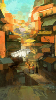 4others aang absurdres animal appa atmospheric_perspective avatar:_the_last_airbender avatar_legends black_hair blue_robe cow_horns full_body hair_bun highres horns house katara multiple_legs multiple_others non-web_source orange_robe outdoors painterly power_lines robe scenery size_difference sokka walking yellow_robe