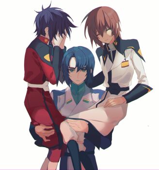 3boys athrun_zala belt black_hair blue_hair brown_hair carrying carrying_person closed_eyes closed_mouth coat covering_own_face facing_viewer green_eyes gundam gundam_seed gundam_seed_destiny hair_between_eyes kira_yamato looking_at_viewer male_focus military_uniform multiple_boys red_coat seed0x0 serious shinn_asuka short_hair side_part simple_background sleeve_cuffs smile white_background white_coat zaft_uniform