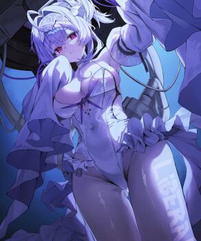 1girl absurdres commentary goddess_of_victory:_nikke hair_intakes highres jellyfish_girl kiro_(kirotayu) leotard liberalio_(nikke) pantyhose purple_hair red_eyes sleeves_past_wrists solo symbol-only_commentary tube white_leotard white_pantyhose wire