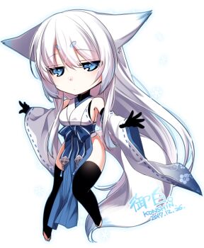 Rule 34 | 1girl, animal ears, bare shoulders, black gloves, black thighhighs, blue eyes, breasts, chibi, commentary request, dated, ears down, elbow gloves, female focus, fox ears, fox tail, gloves, jitome, konshin, long hair, long sleeves, looking at viewer, no panties, obi, orie mishiro, original, outline, pelvic curtain, sash, short eyebrows, sideboob, signature, simple background, snowflakes, solo, tail, thighhighs, white background, white hair