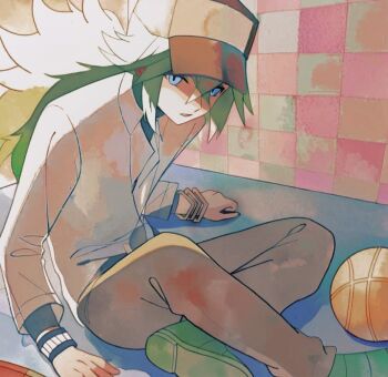 Rule 34 | 1boy, ball, baseball cap, basketball (object), blue eyes, bracelet, brown pants, collared shirt, full body, green footwear, green hair, hair between eyes, hat, jewelry, long hair, looking at viewer, male focus, n (pokemon), necklace, nintendo, pants, pokemon, pokemon bw, ponytail, shirt, sitting, solo, undershirt, white shirt, zero (sleepy meltan)