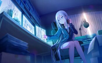 25-ji_miku 2girls black_shirt blue_eyes blue_jacket box can cardboard_box chair colorful_palette curtains drink_can game_cg grey_shorts hair_between_eyes hatsune_miku headphones highres jacket long_hair microphone monitor multiple_girls multiple_monitors official_art project_sekai shirt shorts sidelocks sitting solo_focus studio_microphone swivel_chair third-party_source very_long_hair vocaloid white_hair yoisaki_kanade