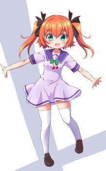 1girl :d black_ribbon black_shoes blush bow bowtie breasts cherry_ornament commentary crossed_bangs dress full_body geo_(yukishitadou) green_bow green_bowtie green_eyes hair_between_eyes hair_ribbon highres kaitou_tenshi_twin_angel loafers long_hair looking_at_viewer minazuki_haruka_(twin_angel) open_mouth orange_hair outstretched_arms pigeon-toed pleated_dress puffy_short_sleeves puffy_sleeves purple_dress purple_sailor_collar purple_serafuku ribbon sailor_collar school_uniform serafuku shoes short_dress short_sleeves simple_background sleeve_cuffs small_breasts smile solo spread_arms spread_fingers standing tareme teeth thighhighs twin_angel twintails upper_teeth_only white_background white_thighhighs zettai_ryouiki