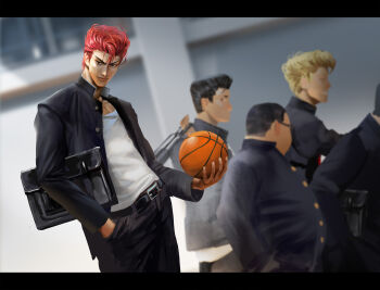 5boys akagi_shunsuke_(und) basket black_hair black_jacket black_pants blonde_hair blurry blurry_background briefcase closed_mouth cowboy_shot fat fat_man gakuran glasses gold_buttons grin hand_in_pocket highres holding holding_basket jacket looking_at_viewer male_focus mito_youhei multiple_boys noma_chuuichirou ookusu_yuuji pants pompadour red_hair sakuragi_hanamichi school_uniform shirt short_hair slam_dunk_(series) smile takamiya_nozomi very_short_hair white_shirt