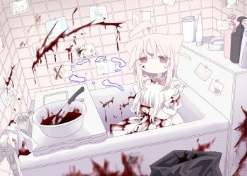 1girl ahoge animal_ears ashi_izumo bathroom bathtub bathtub_tray blood blood_on_clothes blood_splatter bloody_weapon bow bowtie cat_ears cat_girl closed_mouth commentary_request dress expressionless highres holding_detached_head hugging_object indoors looking_at_viewer medium_hair murder original photo_(object) red_bow red_bowtie red_eyes severed_head shampoo_bottle tile_wall tiles towel trash_bag washpan weapon white_dress white_hair yandere