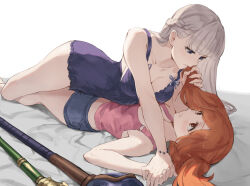 Rule 34 | 2girls, bare shoulders, bed, bed sheet, blue eyes, blush, braid, breasts, cleavage, dress, facial hair, french braid, girl on top, grabbing another&#039;s hair, grey hair, highres, holding hands, jojobirdz, kanne (sousou no frieren), lawine (sousou no frieren), long hair, lying, lying on person, mage staff, medium breasts, multiple girls, nightgown, on back, on bed, red hair, short shorts, shorts, simple background, small breasts, sousou no frieren, tank top, thighs, yuri