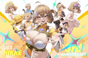 1girl :d absurdres ahoge alternate_costume anis_(nikke) anis_(sparkling_summer)_(nikke) bikini black_choker black_hat breasts brooch brown_hair choker cleavage eyepatch_bikini eyewear_on_head goddess_of_victory:_nikke hair_ornament hat headphones highres huge_breasts jewelry large_breasts leotard multiple_views nankam76 necklace official_alternate_costume open_hand open_mouth short_hair smile sunglasses swimsuit turtleneck yellow_eyes yellow_hat