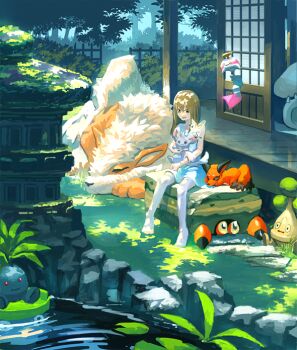 Rule 34 | 1girl, arcanine, bonsly, building, chimecho, crustle, cutiefly, doragon oekk, fence, gen 1 pokemon, gen 3 pokemon, gen 4 pokemon, gen 5 pokemon, gen 7 pokemon, gen 8 pokemon, lily pad, lotad, minccino, nickit, nintendo, oddish, original, pokemon, pokemon (creature), scenery, sleeping, sliding doors, snorlax, water, wooden fence, wooden floor