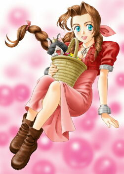 Rule 34 | 1990s (style), :d, aerith gainsborough, aqua eyes, arm at side, arm support, basket, black ribbon, blurry, blurry background, boots, braid, braided ponytail, breasts, brown boots, brown hair, cat, cleavage, closed eyes, commentary request, cropped jacket, crown, curtained hair, dress, facing viewer, fangs, final fantasy, final fantasy vii, floating hair, flower, full body, gradient background, hair over shoulder, hair ribbon, hand up, happy, holding, holding basket, invisible floor, jacket, legs together, light blush, long hair, looking at viewer, medium breasts, metal bracelet, neck ribbon, no socks, open mouth, orb, pink background, pink dress, pink ribbon, pocket, purple flower, red jacket, red ribbon, retro artstyle, ribbon, ringlets, short sleeves, single braid, sitting, smile, teiku (take), white trim, yellow flower