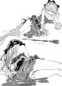 1girl absurdres arknights boots bow breasts commentary_request dress egg_laying gloves greyscale hair_bow haruka_(arknights) highres long_hair lying medium_breasts microphone monochrome multiple_views olga_neiman on_side open_mouth paid_reward_available panties pointy_ears strapless strapless_dress sweat underwear