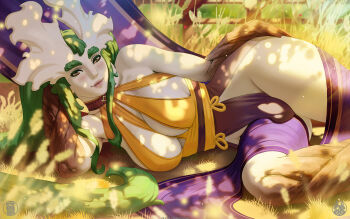 1girl artist_logo artist_name breasts bulge colored_skin commentary dated english_commentary futanari green_hair highres logo long_hair monster_girl original plant_girl plant_hair solo themaestronoob tree_bark white_skin