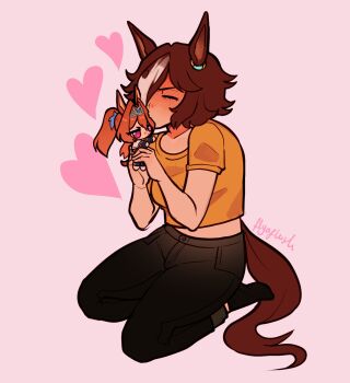 1girl animal_ears artist_name black_pants black_socks blush brown_hair brown_tail character_doll commentary crop_top cropped_shirt daiwa_scarlet_(umamusume) doll ear_ornament english_commentary flyaflush full_body heart highres holding holding_doll horse_ears horse_girl horse_tail implied_yuri midriff_peek multicolored_hair object_kiss orange_shirt pants pink_background purple_eyes seiza shirt short_hair short_sleeves simple_background sitting socks solo streaked_hair tail tiara umamusume vodka_(umamusume) white_hair