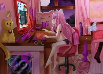 1girl akemithekitten animal_ears bra cat_ears cat_girl cat_tail chair computer cuffs dildo female_focus from_side full_body lacy_panties lacy_training_bra lacy_underwear loli nekomata on_chair profile sex_toy sitting tail training_bra underwear vibrator