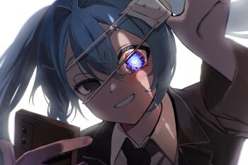 1girl 2funma2 aqua_hair cellphone collared_shirt eyepatch eyepatch_pull grey_eyes grin hatsune_miku heart heart-shaped_pupils heterochromia highres holding holding_phone jacket lapels long_hair medical_eyepatch monitoring_(vocaloid) necktie phone purple_eyes shirt simple_background smartphone smile solo symbol-shaped_pupils twintails uneven_eyes upper_body vocaloid white_background